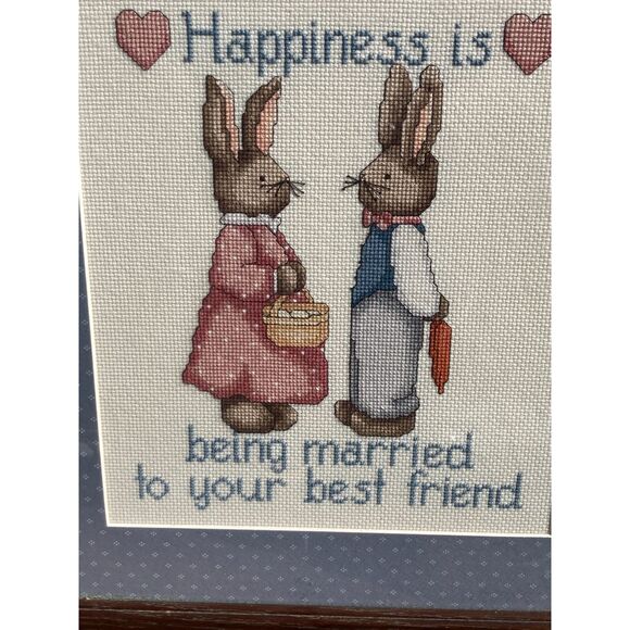 Cross Stitch Bunny Rabbits Framed "Happiness is Being Married to Best Friend" - Picture 4 of 4